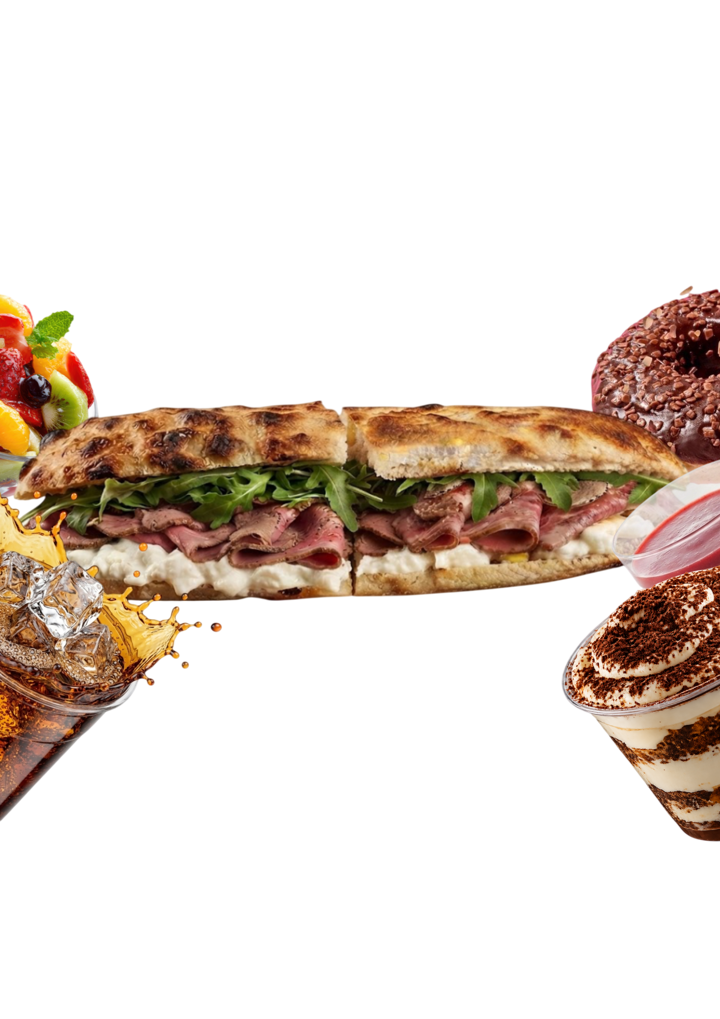 Panuozzo garni de roastbeef, roquette et stracciatella avec boisson et desserts