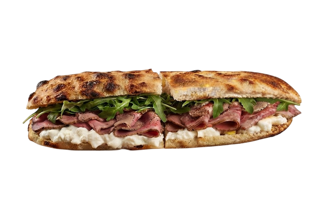 Panuozzo au pastrami de bœuf, roquette et stracciatella